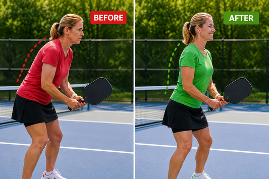 Before and after comparison of a middle-aged woman playing pickleball with poor posture and rounded shoulders versus improved upright posture, better spinal alignment, and a confident smile.