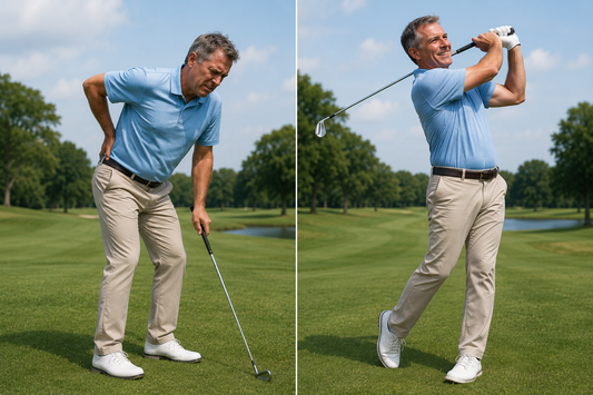 Before and after comparison of a golfer experiencing lower back pain versus improved posture and comfortable golf swing after supporting spinal alignment with BackFix™.