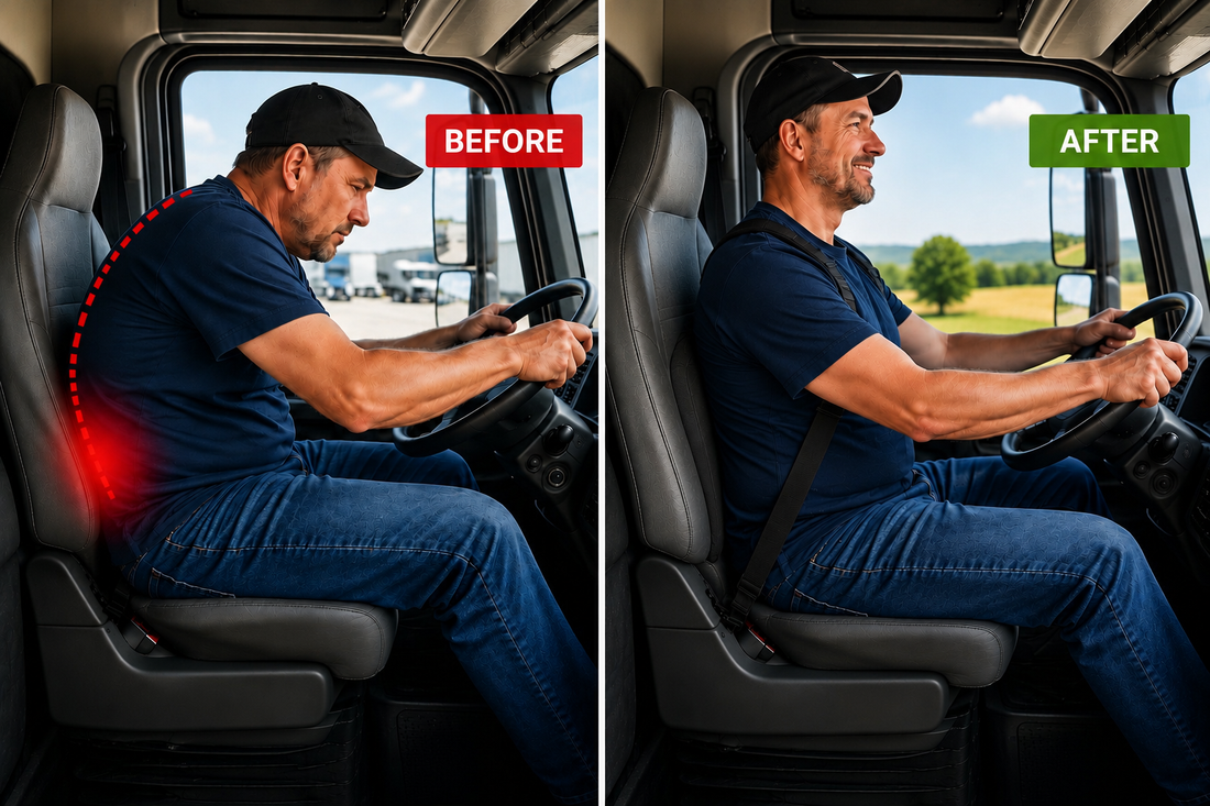 Before and after comparison of a truck driver using BackFix™ to improve driving posture with neck and lumbar support for greater comfort and reduced back strain.