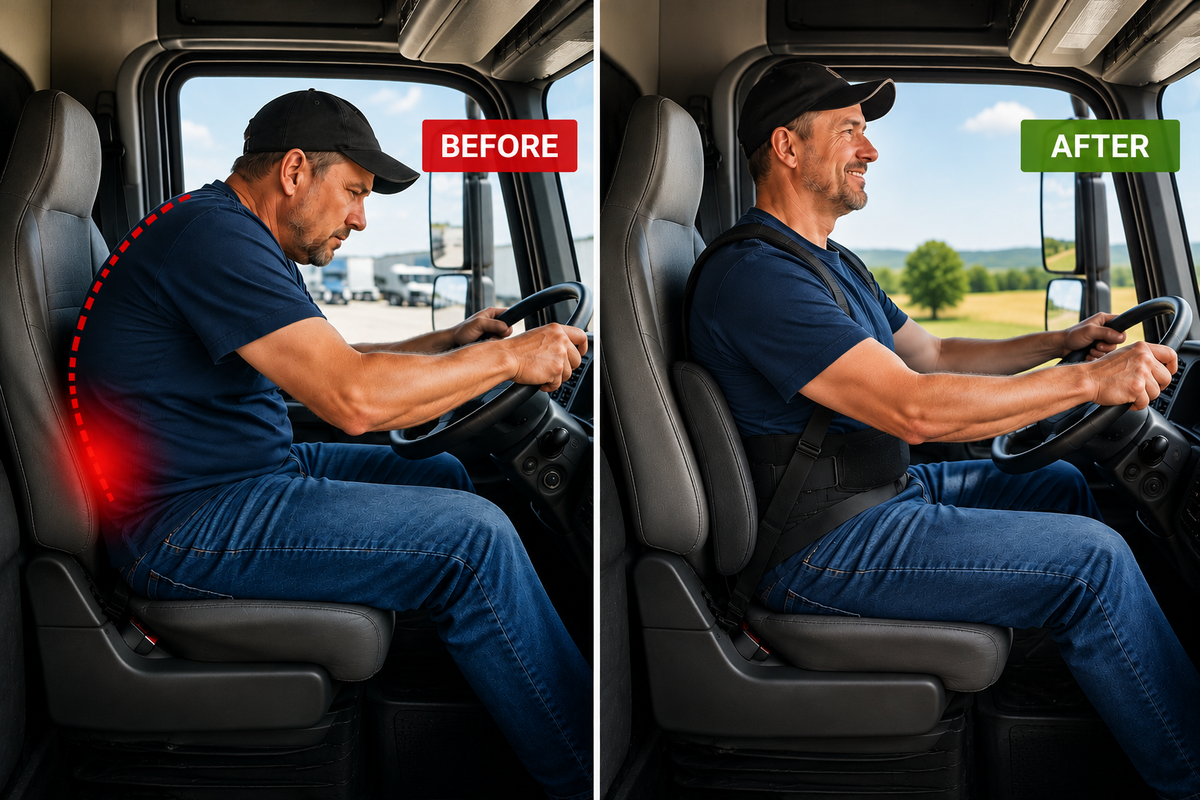 Before and after comparison of a truck driver using BackFix™ to improve driving posture with neck and lumbar support for greater comfort and reduced back strain.